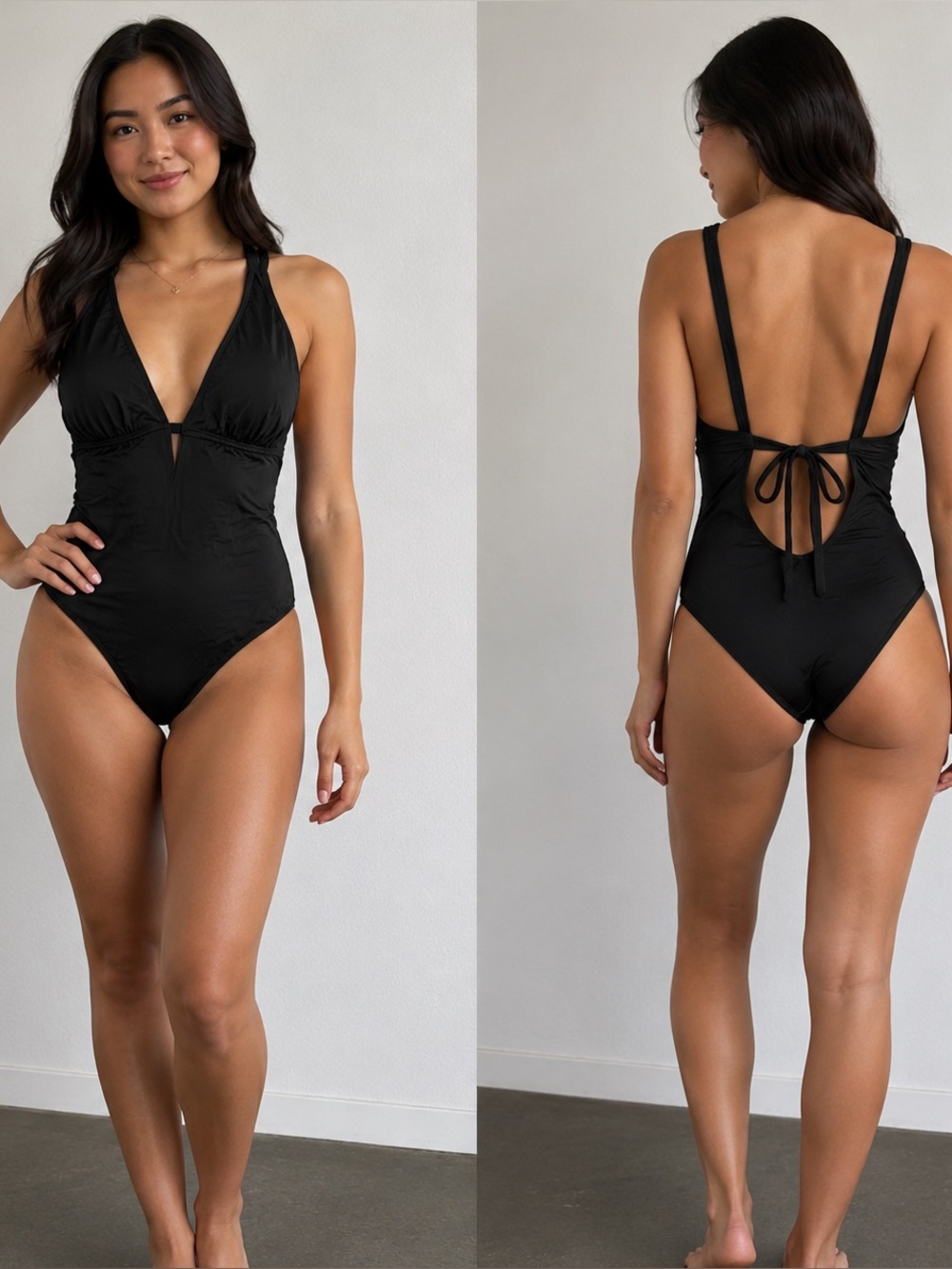 Shade & Shore Black One-Piece Swimsuit XL Medium coverage tie back plunge front